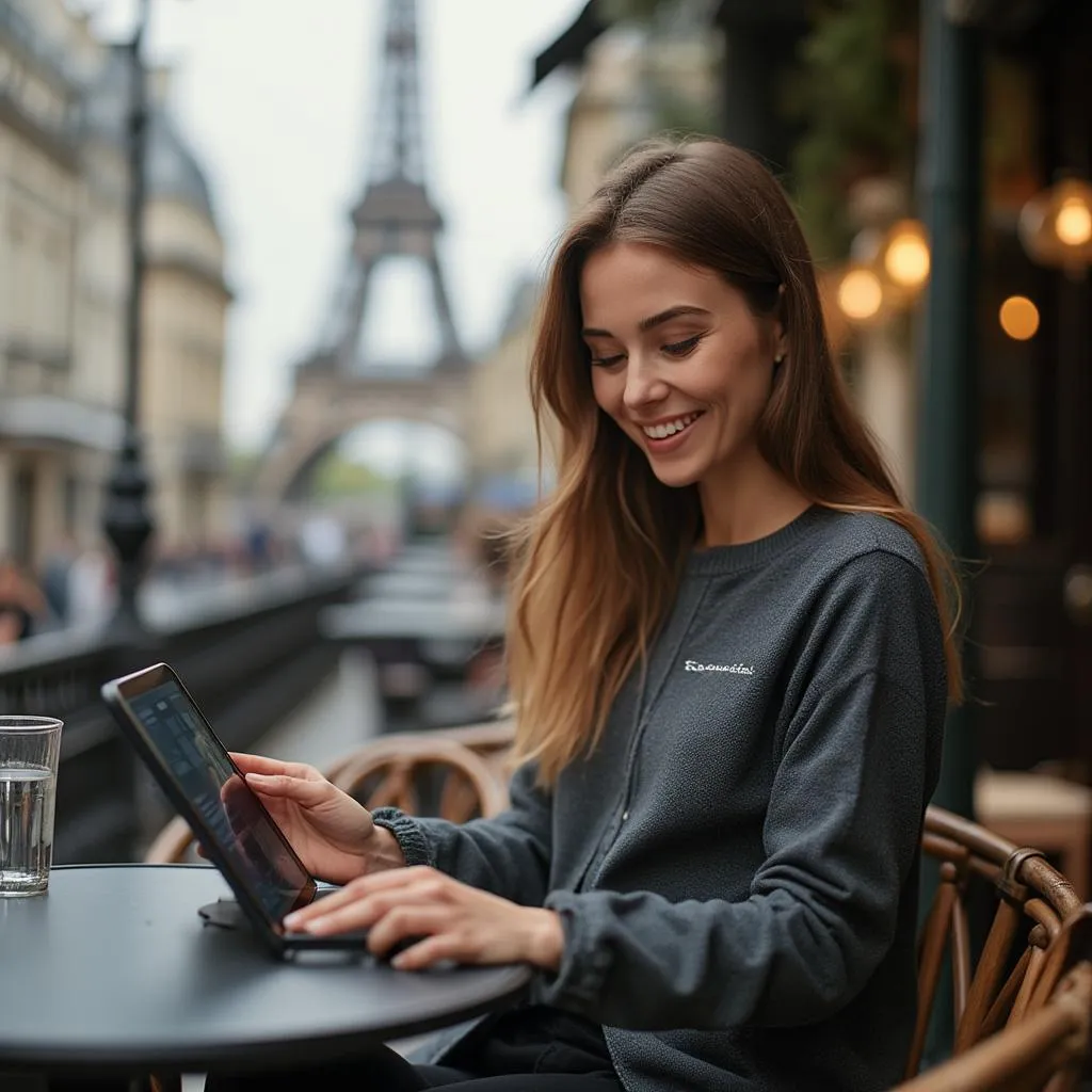 Client consultant son conseiller financier IA FinanceIA sur tablette dans un café parisien