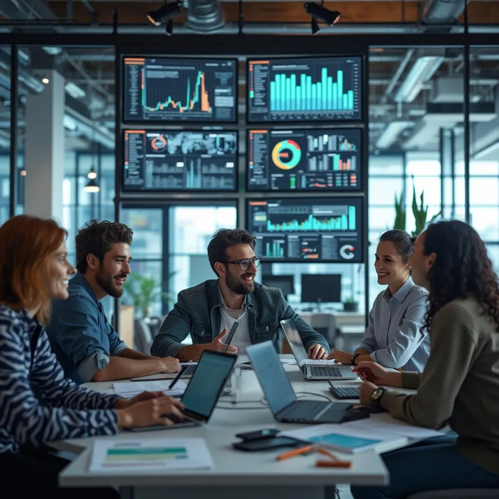 Équipe discutant de stratégies financières avec IA